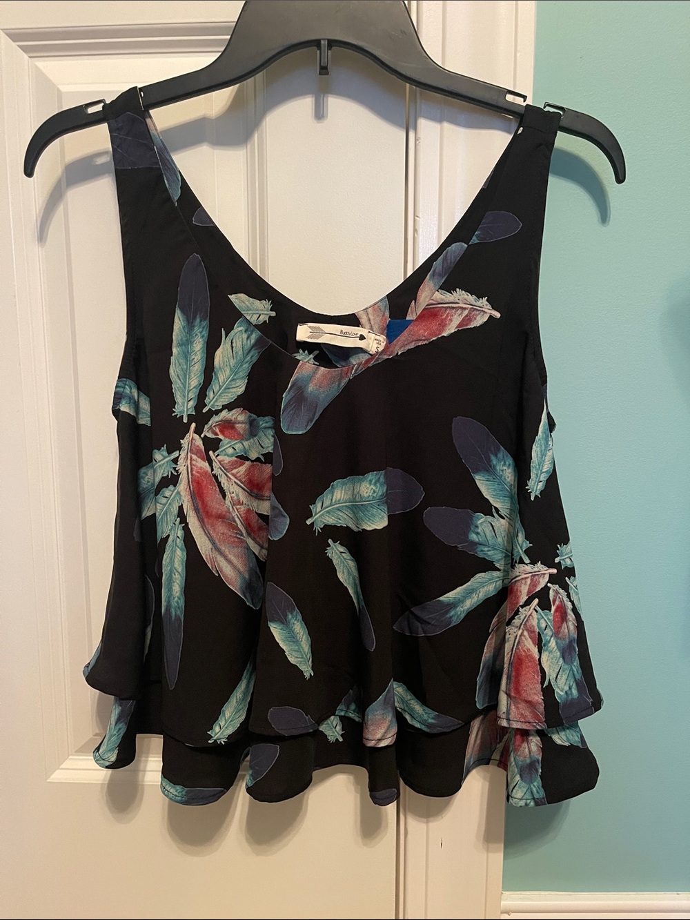 Buddy Love Black Camisole with Teal & Pink Feather Print